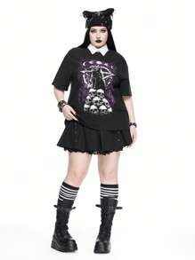 ROMWE Plus Size Women Gothic Dark Cat & Skull Print Plus Size T-Shirt - Black - View 1