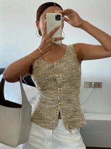 Livesso 女士春季新款法式方领收腰修身吊带格纹上衣