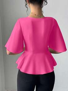 Chiquease Satin Draped Neck Ruffle Collar Slim Fit Blouse For Women, Spring/Summer - Hot Pink - View 2