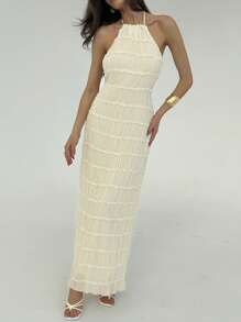 Aloruh Sexy halterjurk met blote rug en gelaagde textuur voor strand/resort, wit, lente/zomer