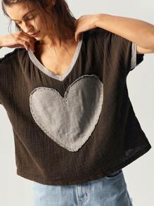 Bohemela Maglietta casual in cotone lavato con scollo a V, maniche corte, taglio morbido, fantasia cuori in stile patchwork, per donna