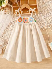 SHEIN Young Girl Woven Solid Color Splicing Ribbon Strap Sleeveless Dress - Apricot - View 2