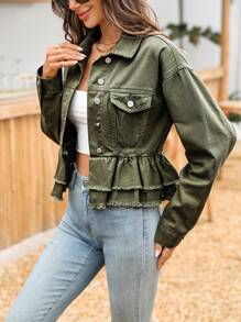 SHEIN Holidaya Solid Color Frayed Edge Button Front Casual Long Sleeve Denim Jacket - Army Green - View 5