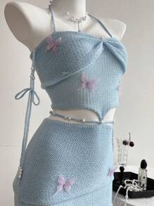 Elamini Women's Butterfly Applique Blue Hollow Neck Sleeveless Sweater Dress