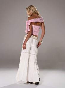 TRNVIE Romantic Lace Pink Off-Shoulder Women T-Shirt, Spring/Summer - Pink - View 2