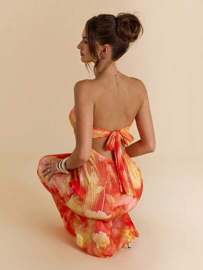 SHEIN BAE Spring/Summer Solid & Floral Print Tie-Up Backless Dress, Pleated Extra Long Dress Suitable For Beach, Vacation Bow Dress