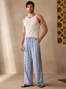 Manfinity VCAY Men's Casual Hexagon Pattern Printed Woven Drawstring Waist Wide Leg Pants - Blue - View 2