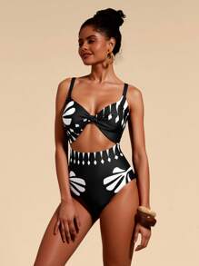 Travachic 1pc Women's Stylish Spaghetti Strap One-Piece Swimsuit, Suitable For Summer - Black and White - View 3