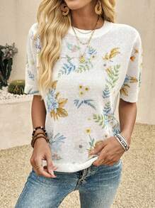 EMERY ROSE New Vintage Style Floral Print Round Neck Loose Lightweight Casual Sweater For Women, Spring - White - View 4