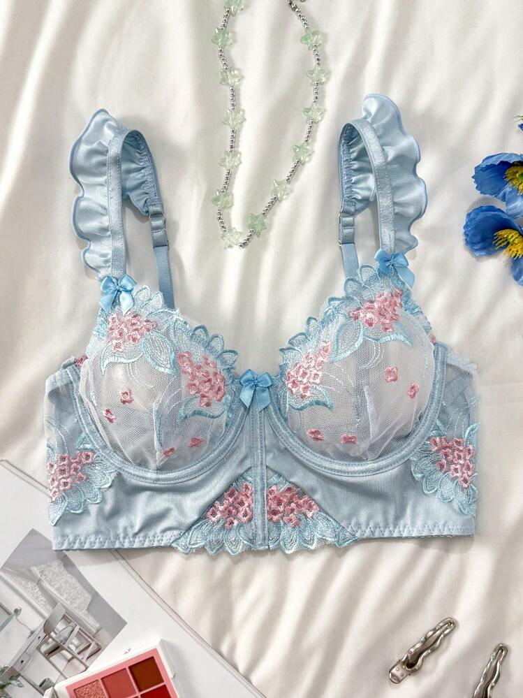 PetitDoll Women's Romantic Floral Embroidery Ruffle Edge Lingerie Bra - Blue - View 6