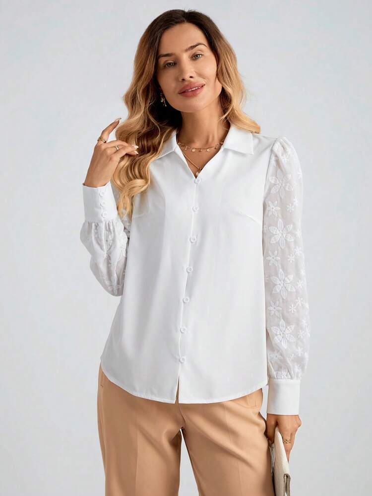 Women's Floral Embroidered Puff Sleeve Single-Breasted Elegant Blouse