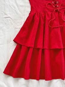 Soleia 全新休闲度假西部海滩婚礼宾客服装，毕业早午餐，圣帕特里克节春假，复活节音乐节，优雅波西米亚风热带露背荷叶边系带迷你连衣裙，适合情人节、万圣节、圣诞节 - 紅色 - 查看 4