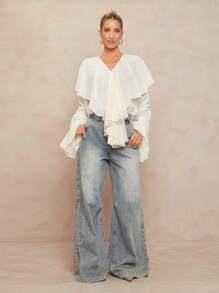 Lumalex 全白派对秋季简约复古闪亮假日派对锐舞节郊游泳装度假波西米亚风海滩热门户外层次丰富婚礼季宴会成人礼海滩海边V领荷叶边薄纱泡泡袖女式衬衫白色荷叶边衬衫白色荷叶边上衣白色波西米亚风上衣荷叶边上衣 - 杏色 - 查看 6