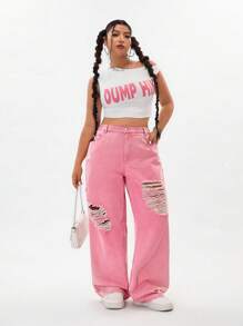 SHEIN ICON Plus Size Women's Washed Pink Ripped Denim Jeans  Summer Outfits For Women Festival Outfits