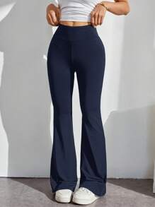 SHEIN PETITE Pantalones acampanados de cintura alta con diseño envolvente de unicolor simple - Azul Marino - Ver 3