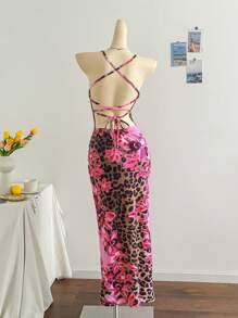 Soleia Vestido con cuello en pico, tiras de espagueti y espalda al descubierto, con estampado de leopardo y floral vintage, para mujer. Diseño sexy, adecuado para vacaciones, boda, fiesta, vacaciones, festival de música, estilo bohemio.
