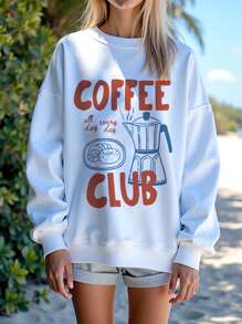 SHEIN EZwear Sudadera con capucha de manga larga, corte holgado, con estampado de letras de café, de estilo minimalista y casual, para mujeres