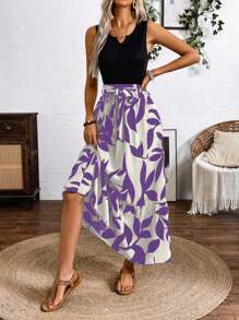 SHEIN Clasi 春夏印花拼接长裙（中长A字无袖针织拼接A字毽子叶子印花连衣裙）度假沙滩装女