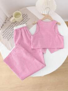SHEIN Leap Crew Conjunto de niña preadolescente elegante y de moda con bloque de color y rayas sin mangas - Rosa coral - Ver 2