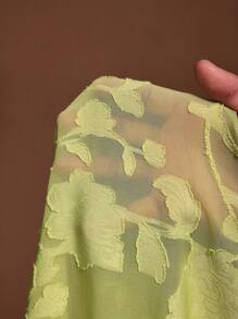 Veslaya 2025 春夏宽松花卉提花雪纺领落肩短袖衬衫和松紧腰阔腿短裤两件套，适合度假/约会/派对/通勤/海滩 - B - 綠色 - 查看 8