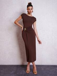 Lavishia Women Metal Button & Twist Detail Waist Dress, Elegant Crew Neck Long Sleeve Casual Everyday Wear Commute Dress,Business Casual Woman,Summer Dresses For Women