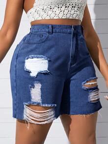 SHEIN SXY Plus Size Ripped Denim Shorts, Fashionable For Summer Ripped Jean Shorts - Dark Wash - View 4