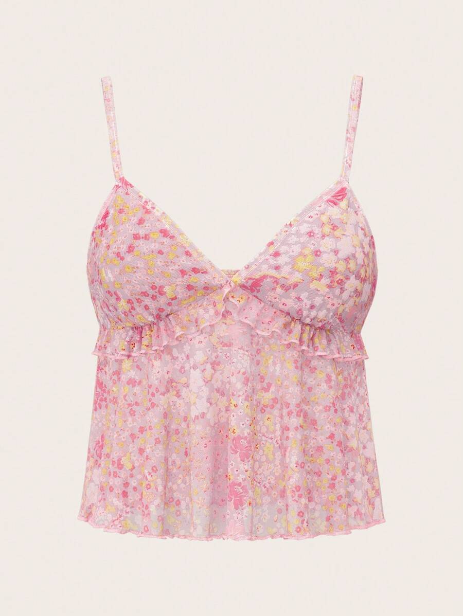 Sweetina 女士碎花荷叶边细肩带网眼背心 - 彩色 - 查看 1