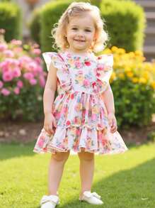 SHEIN Baby Girl Summer New Versatile Purple Ditsy Floral Cake Skirt Dress - Pink - View 8