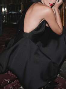 INAWLY Elegantes, sexy, lässiges, romantisches Kleid mit Schleifendekor in Große Größen - Schwarz - Übersicht 2