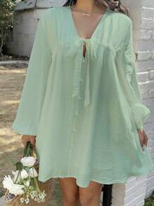 Sunnyshic Women's Casual Solid Color V-Neck Tie Bow Puff Sleeve Short Vacation Mini Dress, Versatile For Spring/Summer Day - Mint Green - View 7