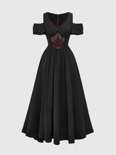 Goth Gothic Embroidery Hollow Pattern Deep V-Neck Open Shoulder High Slit Ladies Summer Dress, Prom Dress
