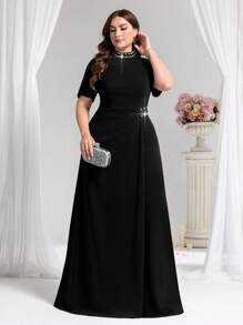 Coutiva Plus Size Formal Cocktail Dress, Solid Color Short Sleeves, Fashionable For Summer, Party Dress, Gown, For Evening, Wedding Guest - Black - View 6