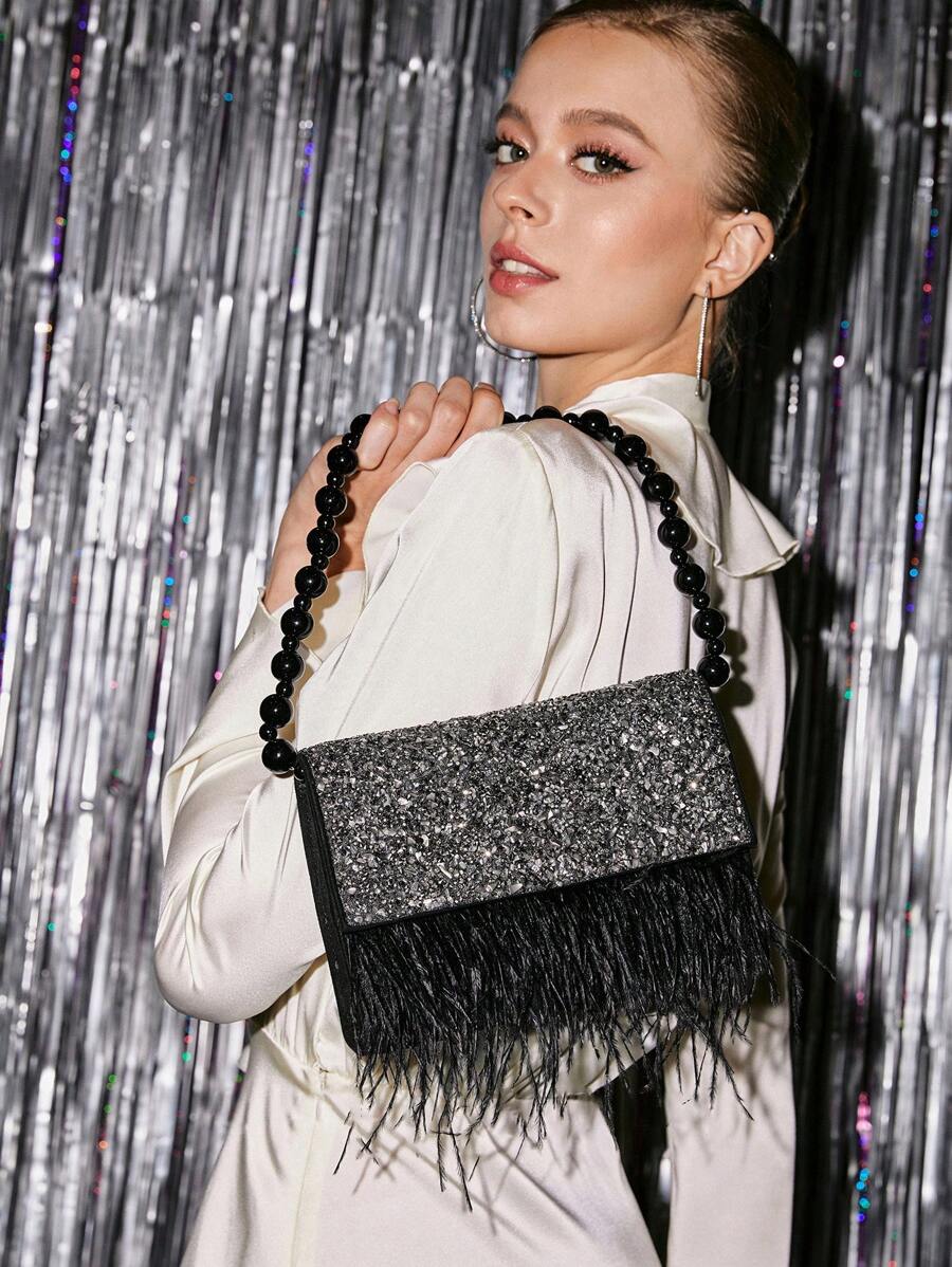 SHECARRY 女士手提包、单肩包、流浪包、晚装包、时尚、奢华、人造羽毛、优雅、简约、个性化、多功能、适合舞会、俱乐部、约会、生日、晚会、约会之夜、新娘、伴娘、婚礼嘉宾、蜜月、婚礼、新娘送礼会 - 黑色 - 查看 1