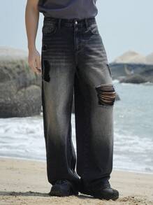 DAZY Jeans rectos de pierna ancha desgastados y lavados en negro con bolsillos ladeados para hombre, para la temporada de primavera