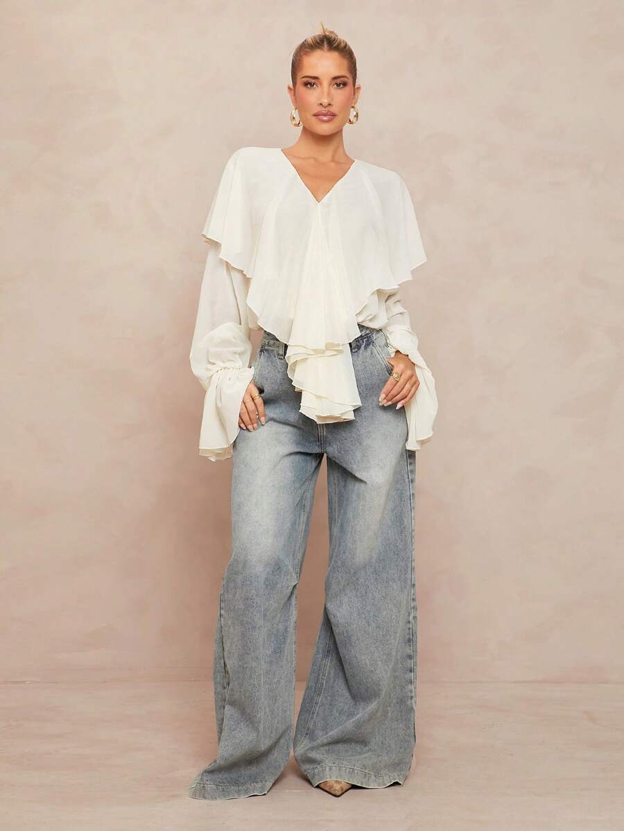 Lumalex 全白派对秋季简约复古闪亮假日派对锐舞节郊游泳装度假波西米亚风海滩热门户外层次丰富婚礼季宴会成人礼海滩海边V领荷叶边薄纱泡泡袖女式衬衫白色荷叶边衬衫白色荷叶边上衣白色波西米亚风上衣荷叶边上衣 - 杏色 - 查看 1