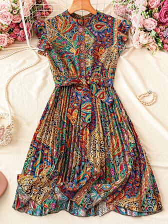 Chiquease Floral Print Stand Collar Pleated Waist Vacation Dress