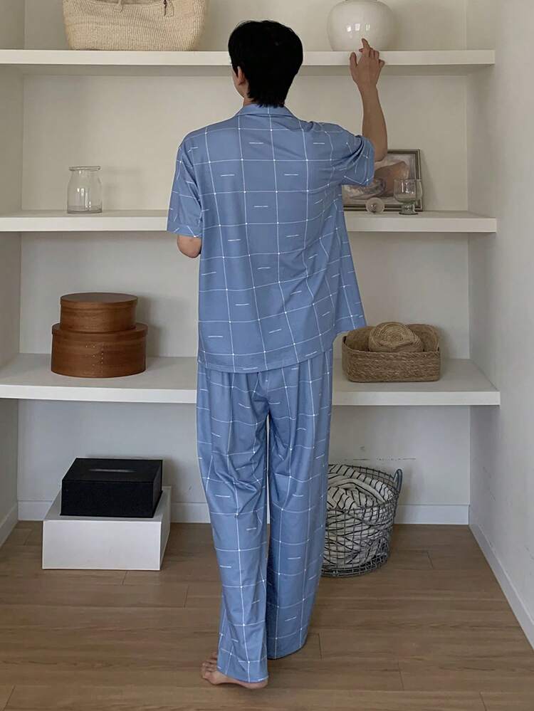 Men's Summer Letter & Plaid Print Pajama Set