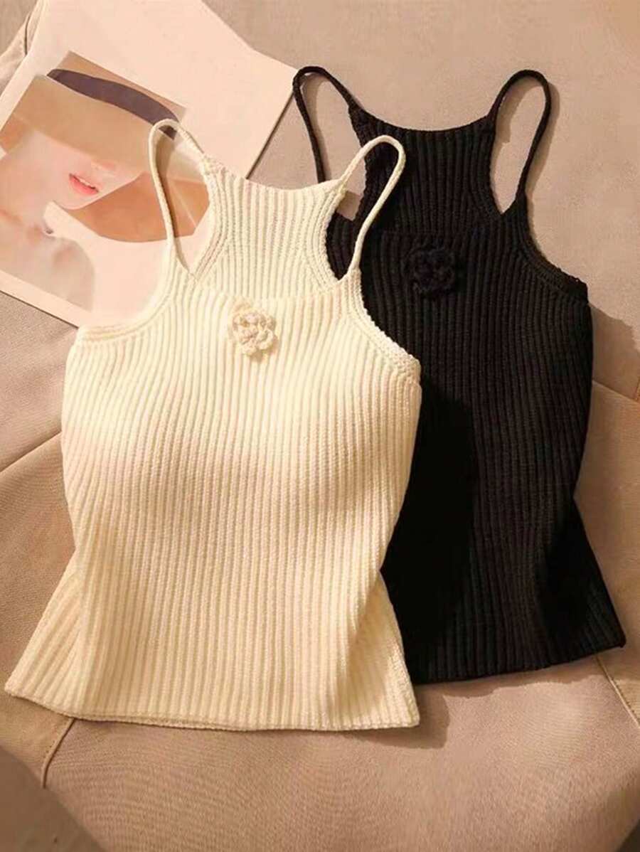 Women's Casual Solid Color 3D Floral Decor Camisole Knit Top, Summer - Black and White - View 1