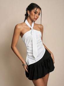 SHEIN EZwear Vestido casual de mujer con lunares negros y malla azul, con decoración de moño y bajo asimétrico, para primavera/verano - Azul - Ver 7