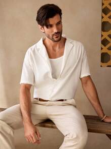 GENTILAND Men's Casual Unlined Frayed Hem Loose Drop Shoulder Mandarin Collar Plain Short Sleeve Shirt