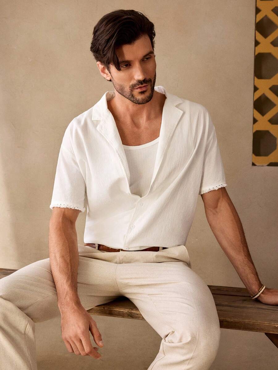 GENTILAND Men's Casual Unlined Frayed Hem Loose Drop Shoulder Mandarin Collar Plain Short Sleeve Shirt