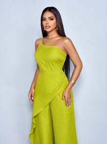 SOLERSUN 女式夏季度假风格单肩腰褶饰不对称拼接直筒连体裤 - 綠色 - 查看 5