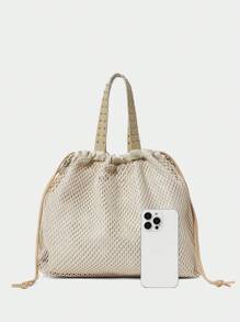 SHECARRY Grid Pattern Drawstring Large Capacity Fashionable Shoulder Tote Bag