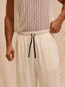 Musero Contrast Drawstring Waist Satin Straight Leg Trousers Spring Summer Streetstyle Holiday Vacation Beach - White - View 5