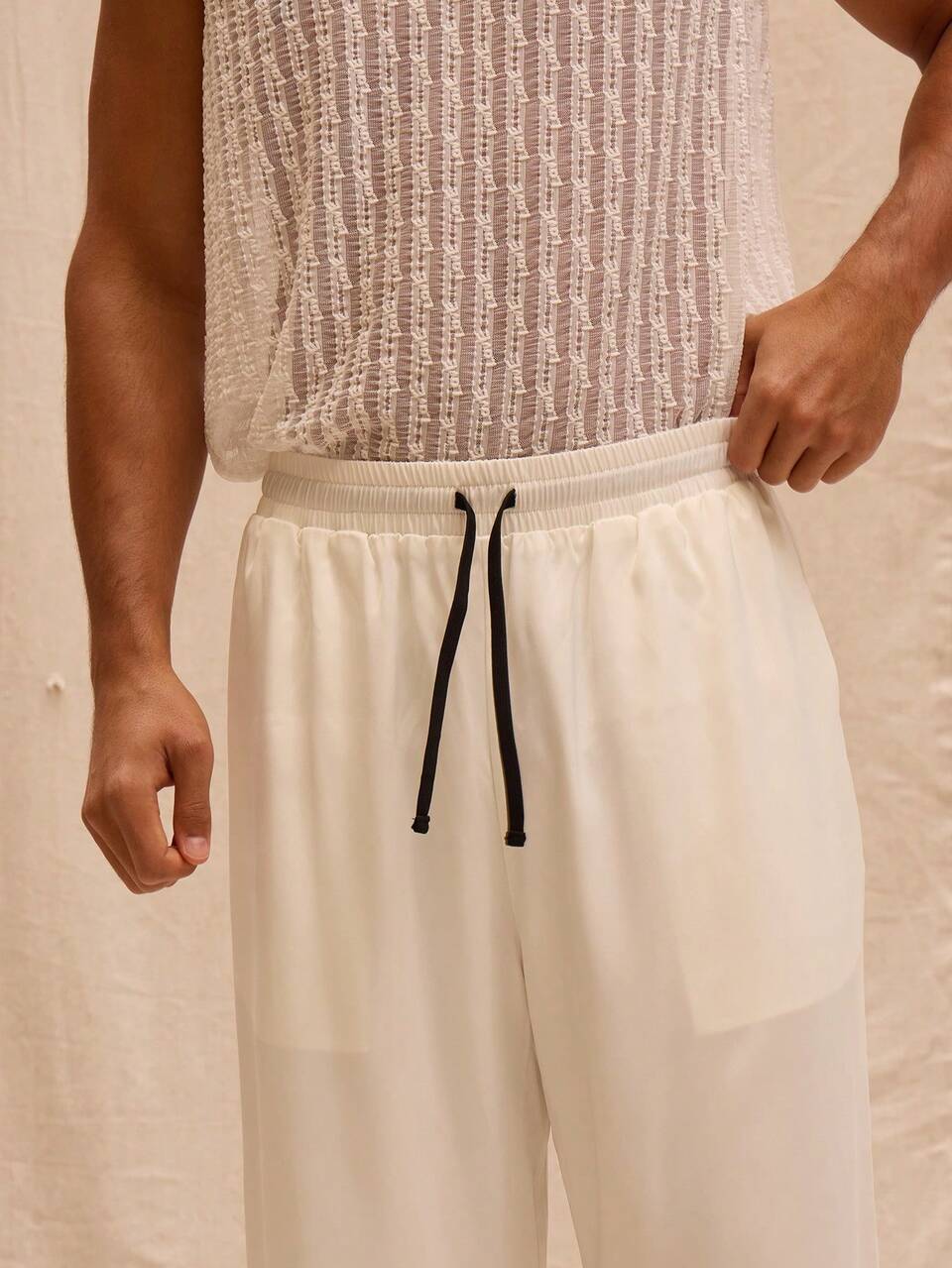 Contrast Drawstring Waist Satin Straight Leg Trousers Spring Summer Streetstyle Holiday Vacation Beach