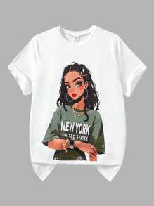 SHEIN 2pcs Set: Teen Girl Casual Cool Graphic Print Round Neck Short Sleeve T-Shirt Top And Loose Cargo Pocket Pants, Army Green Chic Outfit For Everyday And Outing