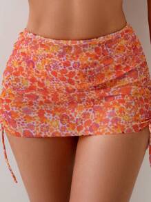 Swim Vcay 3pcs Women Leopard Print Halter Triangle Bra, Mesh Mini Skirt With Side Tie Bikini Set For Summer Beach Vacation