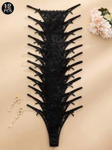 12-Piece Set Multicolored Romantic & Sexy Lace G-String Underwear For Women - Black - View 2