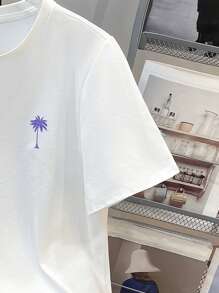 SHEIN Leap Crew 2pcs/Set Teen Boys Casual Short Sleeve T-Shirt And Shorts Set, Street Style Punk Rock College Daily Outfit, Suitable For Spring/Summer, Coconut Tree Print Beach Shorts, Tropical - Multicolor - View 3