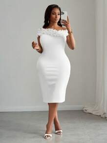 Veslaya Robe moulante blanche élégante pour soirée avec encolure en V, volants, dos nu, adaptée pour le printemps/été - Soirée - Blanc - Voir 7